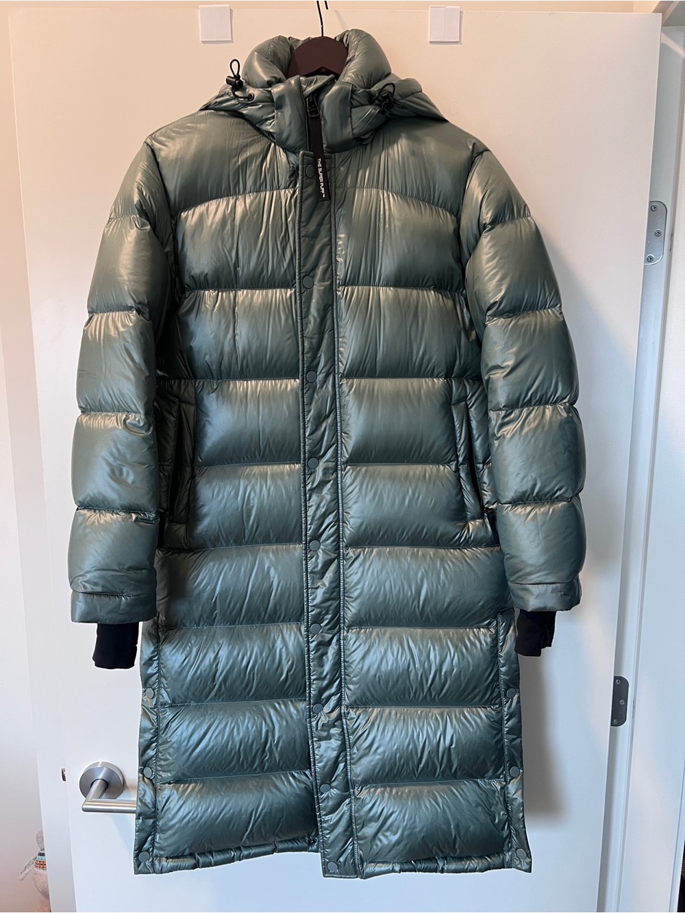 TNA Long Hooded Puffer Coat in Sage Green